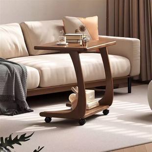 Sofa Side Table with Wheels Movable Solid Wood Small Coffee Table Small Apartment Living Room Household Corner Table Small Table for Bedroom