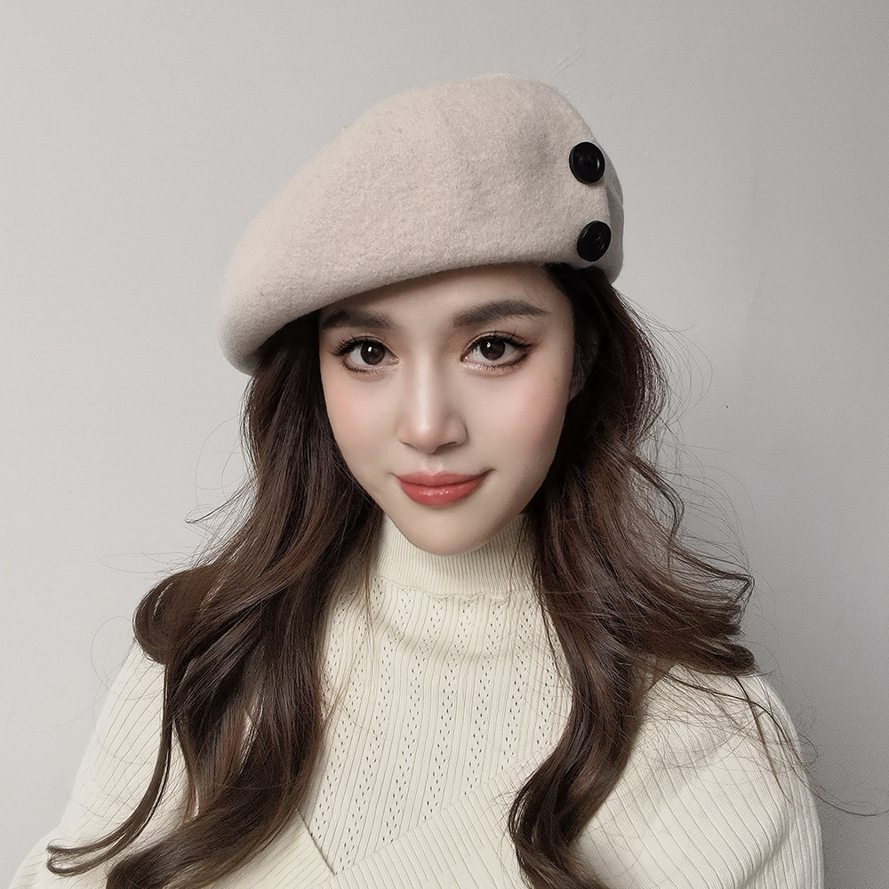 Autumn and winter fashion casual warm button decoration plus large elastic sweatband wool beret painter trendy hat_viptrois.com
