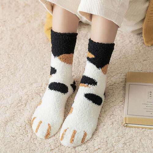 Coral velvet socks half velvet socks new autumn winter cat claw socks for women warm and cute sweet girl lined and thick wholesale