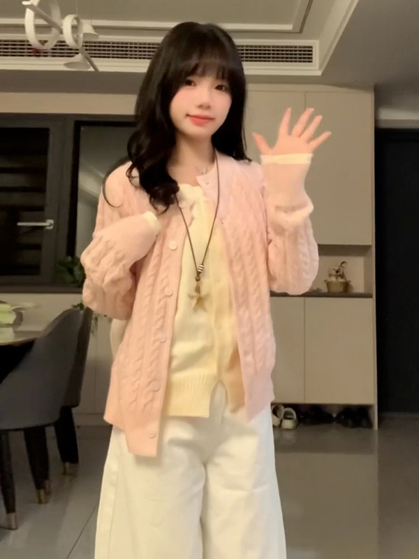 粉色假两件针织开衫女秋季新款软糯慵懒风高级感韩系穿搭毛衣外套|undefined