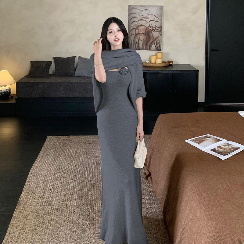 Cross-Border 2025 New French-Style Waist-Cinching Knitted Camisole Dress with Shawl, Fashionable and Elegant Sweater Two-Piece Set