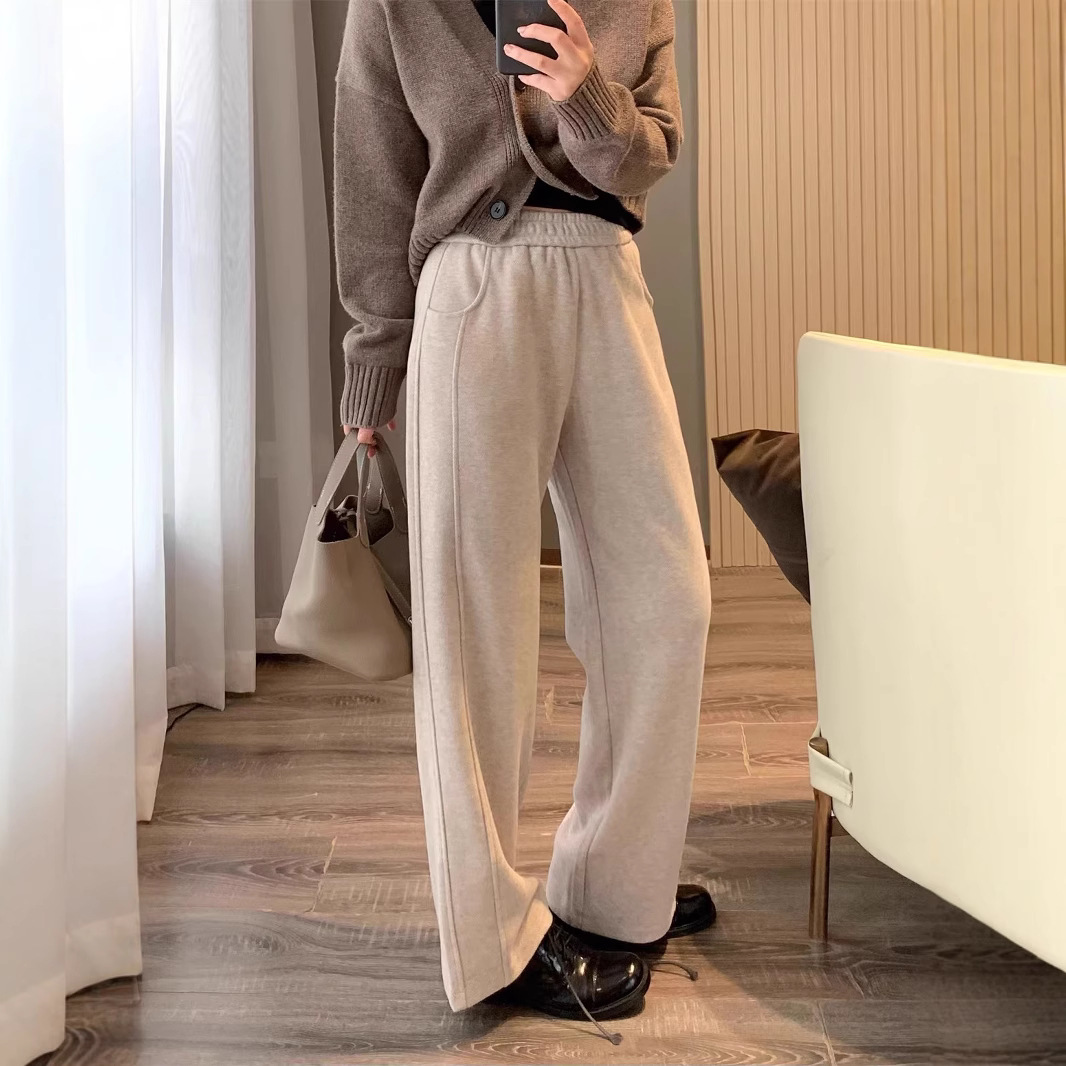 블루 헤링본 울에서  캐주얼 올 매치 탄성 허리 드레이프 와이드 레그 바지 모직 바지 여성 바지