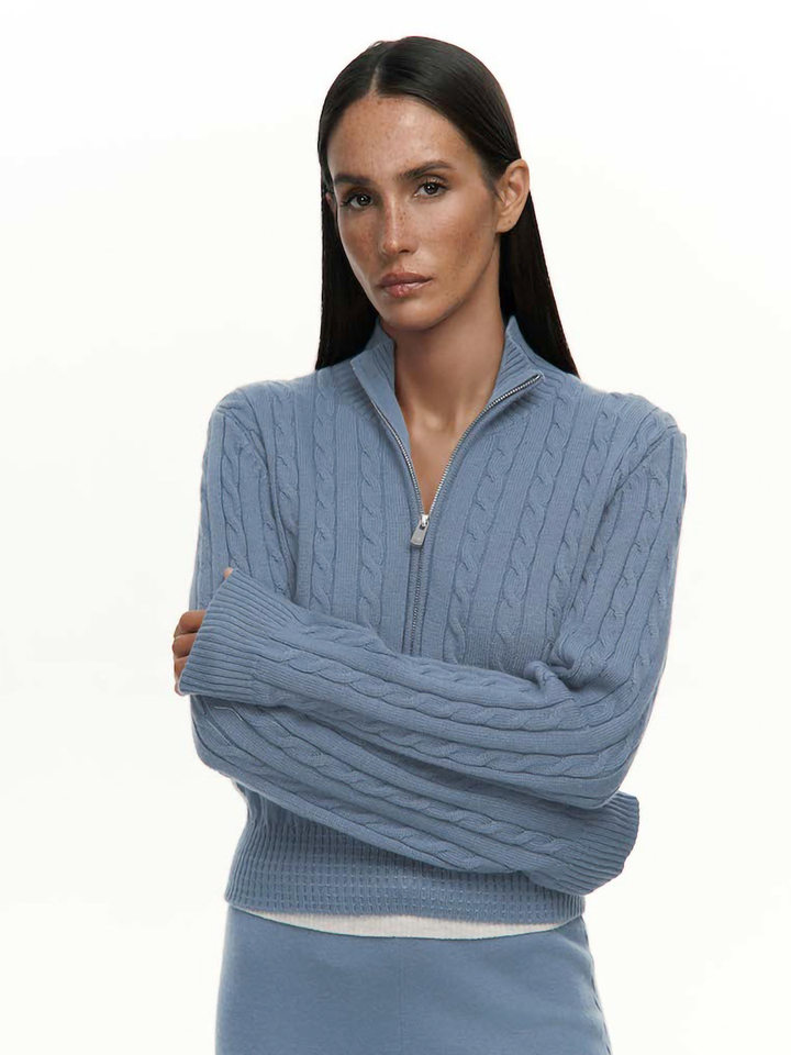 Bộ áo len cardigan khóa kéo dáng ôm tay dài và quần ống đứng — Màu be, Màu xanh dương, màu xám chi tiết 11