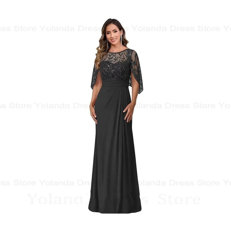 European and American Style Round Neck Shawl Sleeve Lace Beaded Dress Chiffon Waist-Cinching Long Bridesmaid Dress Wedding Banquet Dress European and American Style Round Neck Shawl Sleeve Lace Beaded Dress Chiffon Waist-Cinching Long Bridesmaid Dress Wedding Banquet Dress