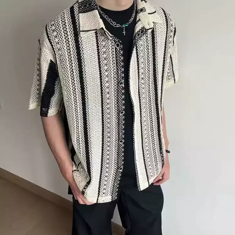 2025夏季新款轻薄镂空撞色短袖衬衫男士设计感小众宽松潮牌衬衣