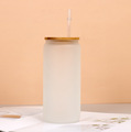 外贸12OZ16OZ玻璃杯热升华梅森杯透明磨砂可乐罐热转印配PP盖竹盖