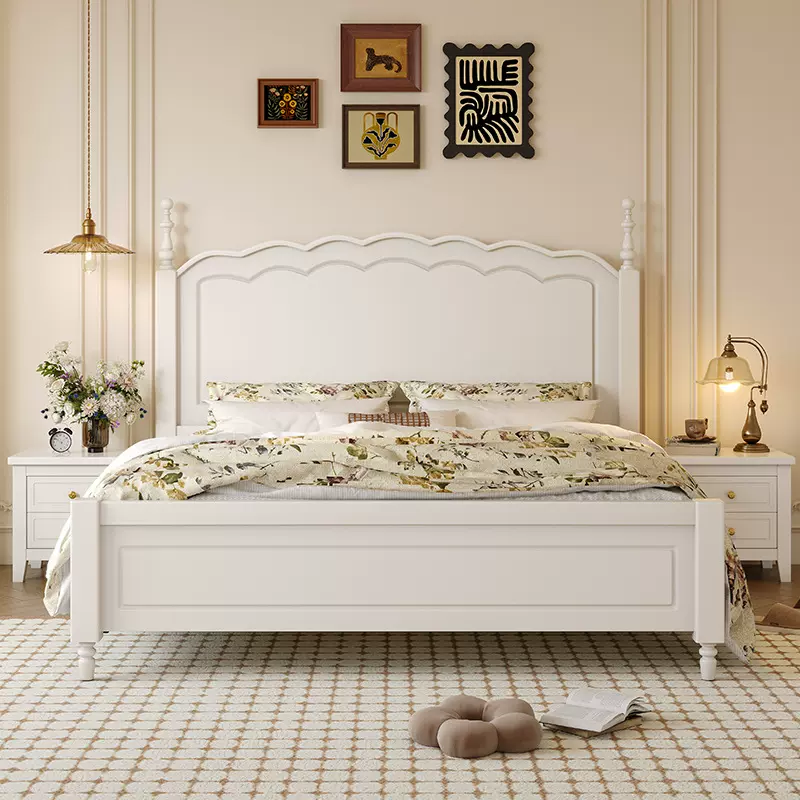 法式全实木床中古风主卧白色1.8m1.5m双人床现代简约复古美式床