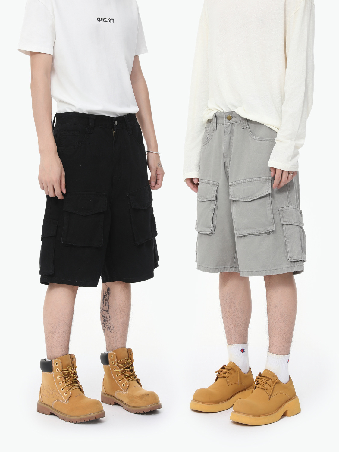 MTLCLOTHES para hombre | Pantalones cortos de mezclilla de algodón americano con múltiples bolsillos pantalones sueltos casuales de cinco puntos