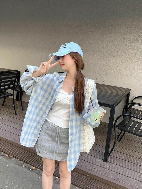 美式复古蓝色格子衬衫外套女2025秋季新款别致宽松休闲防晒衬衣潮|undefined