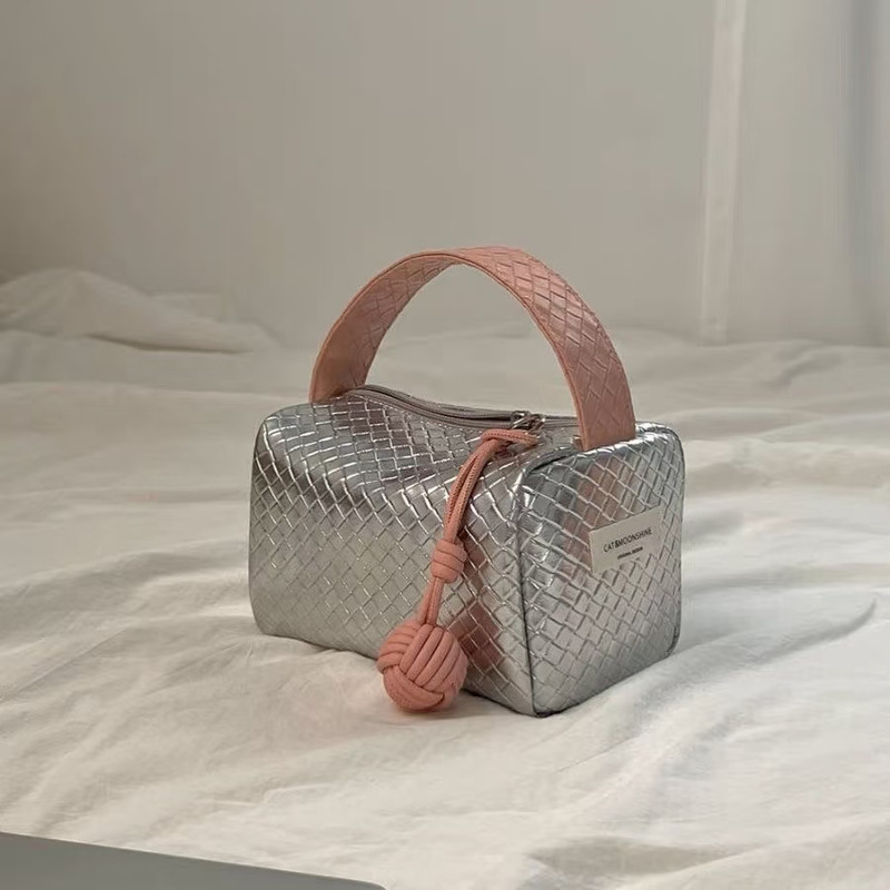 Korean-Style Silver Embossed Woven Makeup Bag with Contrasting Color Handle and Rope Pendant Storage Bag, Red Portable Toiletry Bag for Women Korean-Style Silver Embossed Woven Makeup Bag with Contrasting Color Handle and Rope Pendant Storage Bag, Red Portable Toiletry Bag for Women