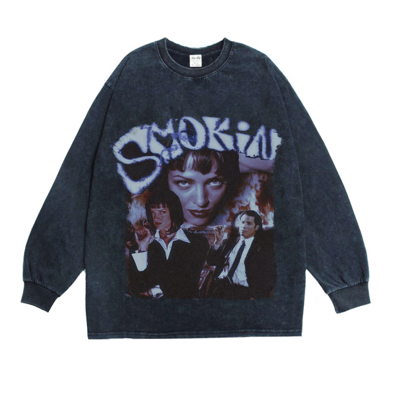 European and American top movie classic Pulp Fiction trend pure cotton loose round neck retro design long sleeve T-shirt men and women