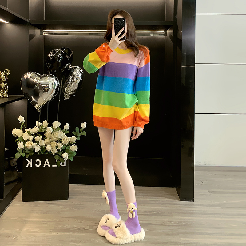 Rainbow Knitwear Women's Loose Lazy Style 2020 New Spring & Fall Korean Style Hong Kong Style Chic Knitwear Top