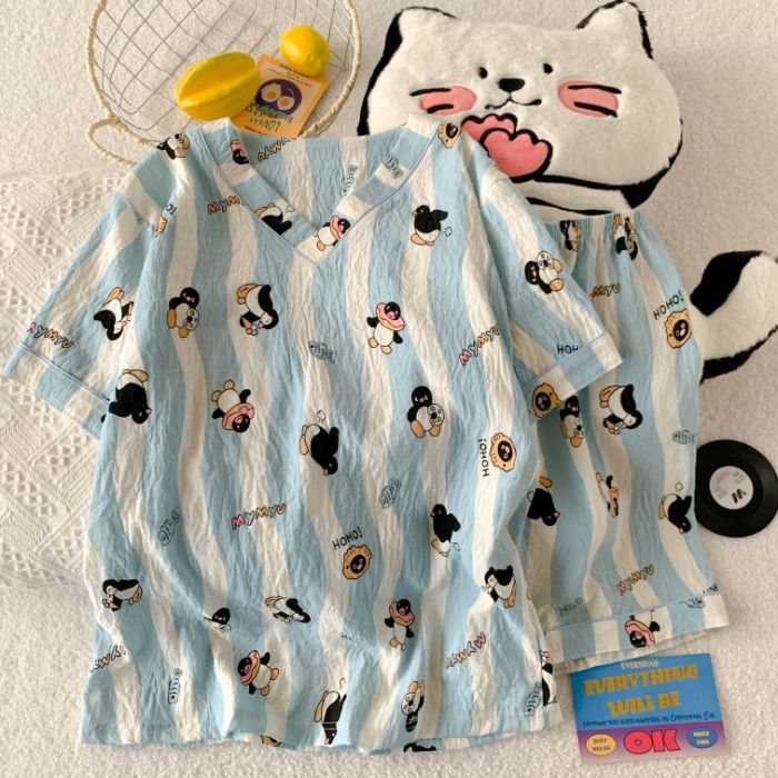 Comercio exterior transfronterizo al por mayor verano nuevo pijama de algodón nublado de mujer pantalones cortos de manga corta red manga roja ropa de hogar de cuello en V dibujos animados