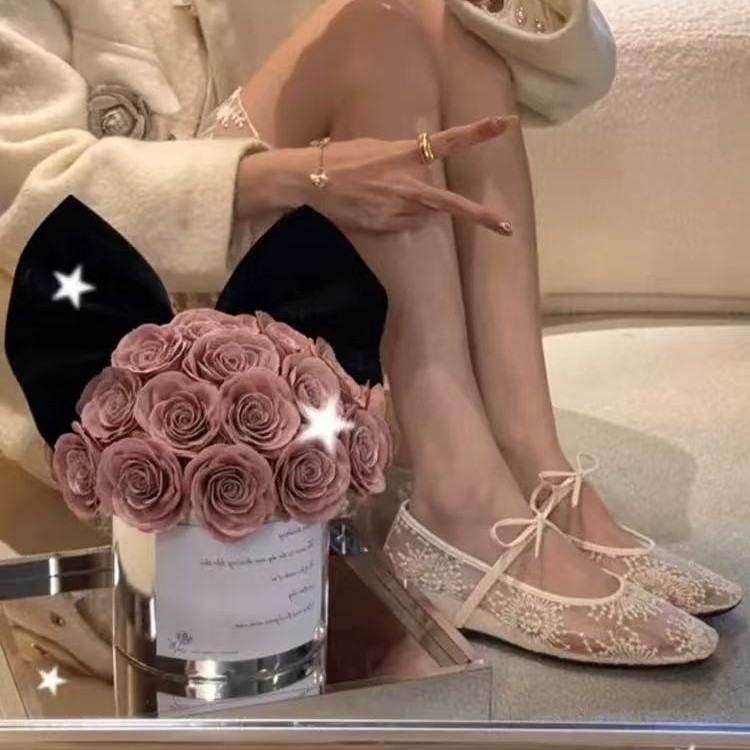 ¡Verición de Sheepskin! Zapatos de malla francesa para mujeres aumentando la altura interior de la cabeza cuadrada y lazo superficial con falda de hadas estilo Mary Jane
