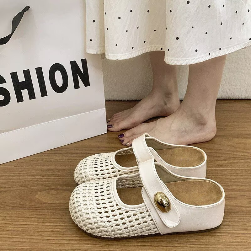 Modas extranjeras plateadas tejidas a mano zapatos marizhen para mujeres 2026 verano nuevas zapatillas de cabeza de un pie de moda image 6
