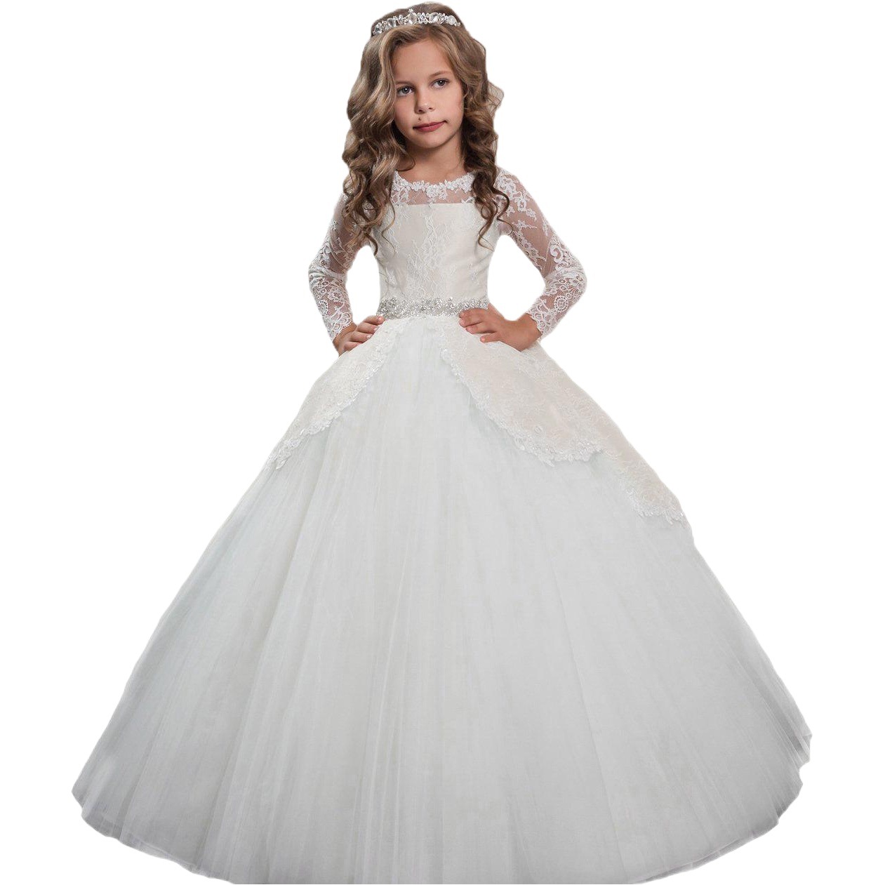 Vestidos de novia para niñas de estilo europeo y americano para comercio transfronterizo, vestido largo de princesa con encaje y mangas largas para otoño e invierno, ropa infantil.