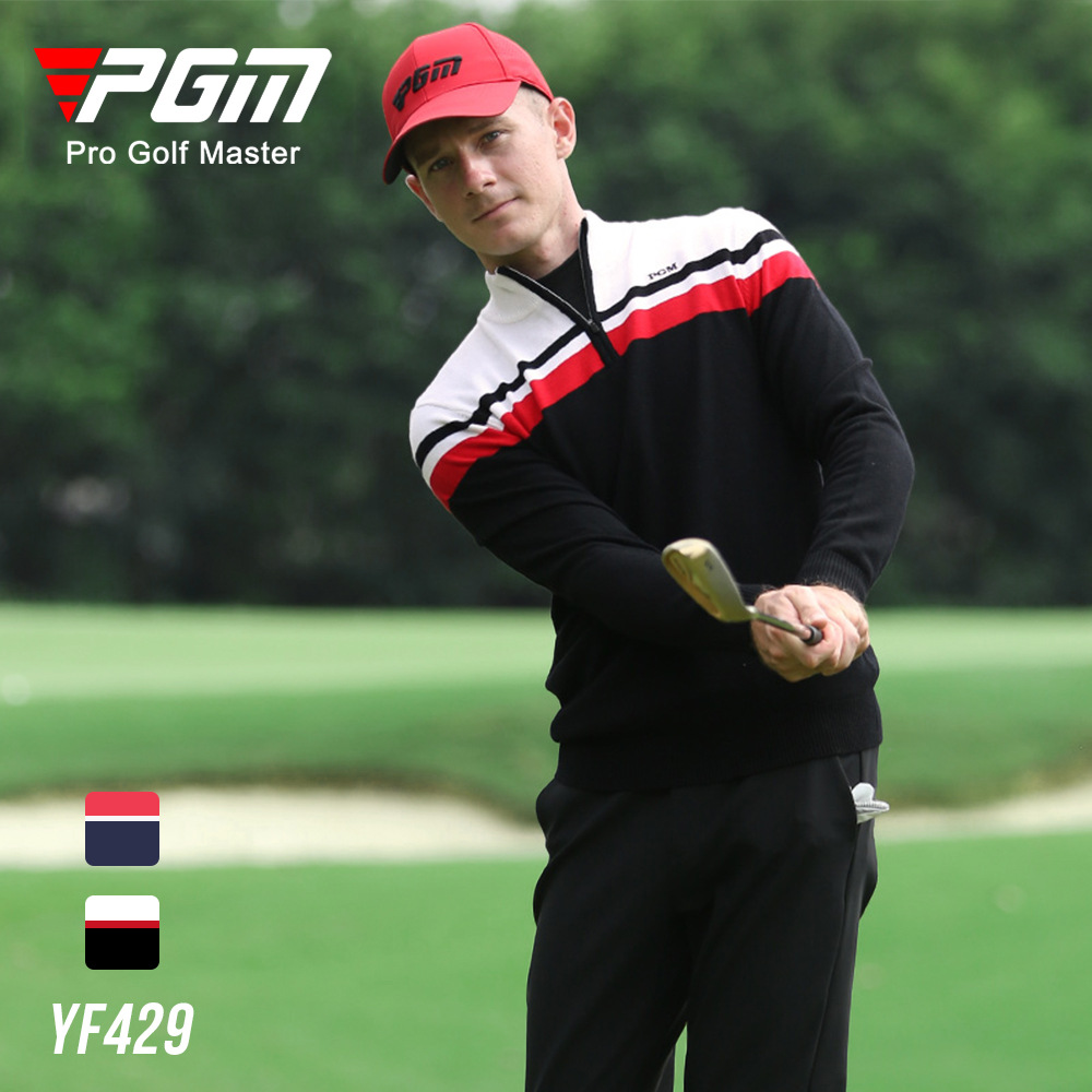Áo len golf nam dài tay cổ đứng PGM phối màu giữ ấm — YF429-màu xanh hải quân, YF429-Màu đen