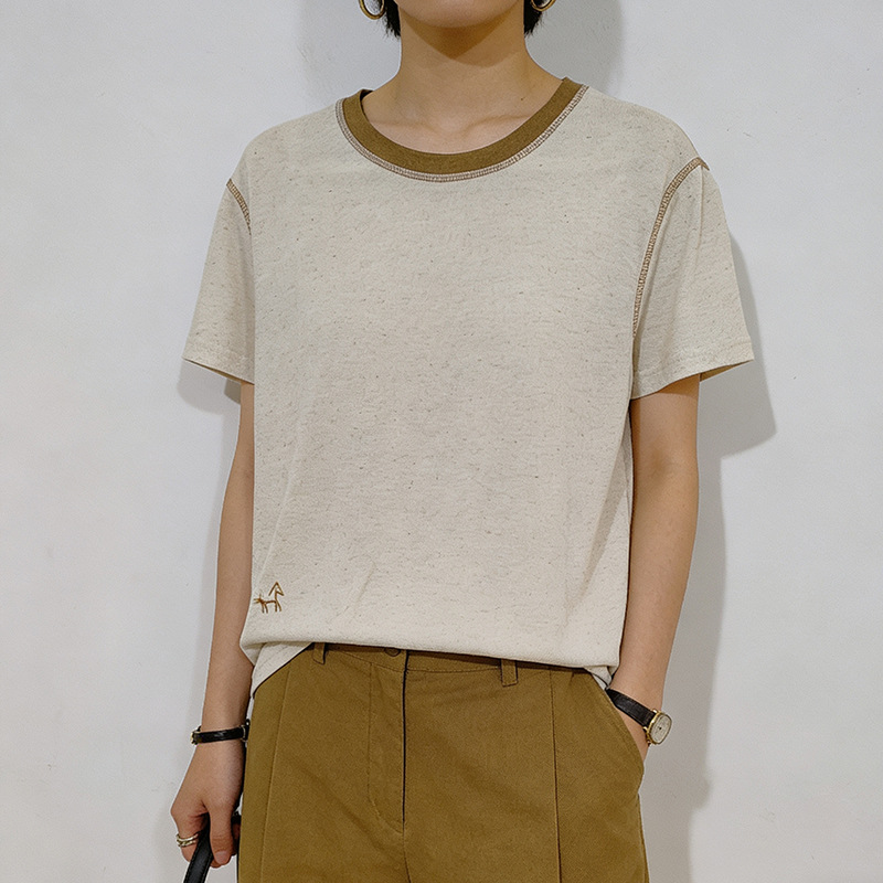 撞色亚麻圆领针织衫短袖T恤女夏季新款休闲上衣百搭短袖女装2026