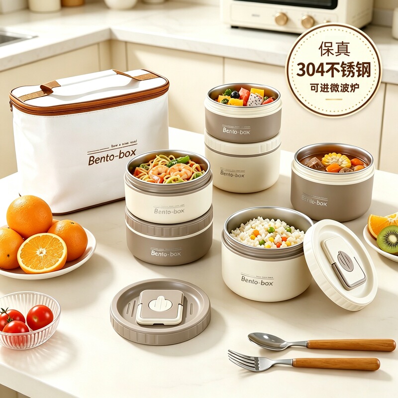 304 sealed, leak-proof, insulated lunch box, multi-layered, round design, suitable for students and office workers, food storage container, stainless steel lunch box