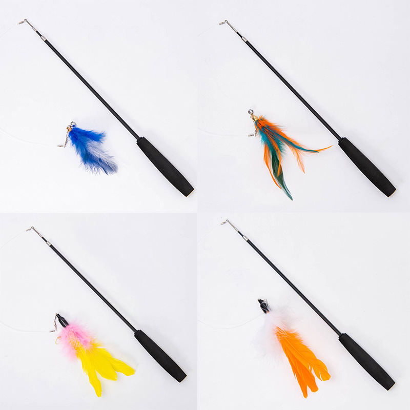 Cat Toy Set Colorful Feather Retractable Fishing Rod Bell Replacement Head Cat Teaser Stick Pet Toy Wholesale