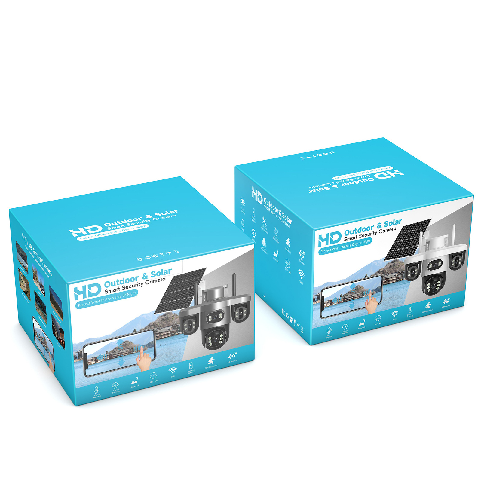 三摄像头三镜头三目太阳能监控摄像头三云台旋转4G低功耗防水无