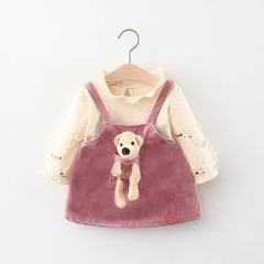 Children's clothing wholesale autumn girl's faux two-piece strap pocket cartoon bear dress Korean style children's skirt A416