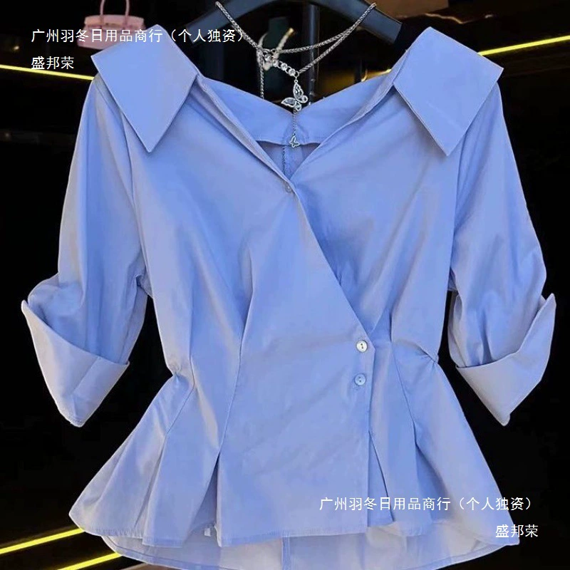 Дизайнерский стиль, диагональная пуговица, V-образный вырез, рубашка с короткими рукавами, женская рубашка, плиссированная талия, утягивающий топ, белый, синий, европейский и американский