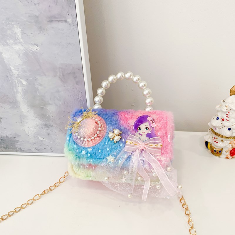 2025 nueva pequeña bolsa de niños de viento de fragancia, mini bolso de perlas, lindos bebés princesas bolso de hombro de peluche