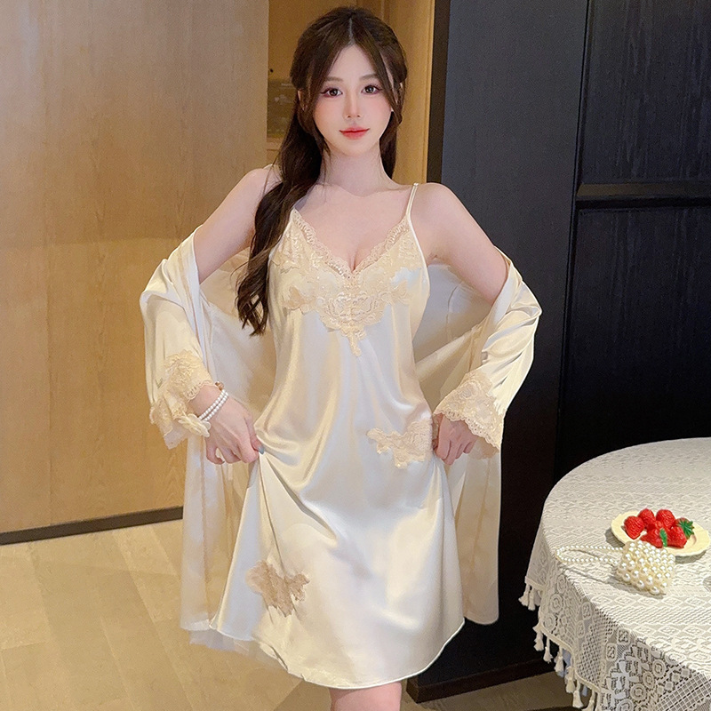 2025 New Suspender Nightgown for Women Summer Ice Silk Pure Lust Style Nightgown Set Lace Sexy Pajamas Two-Piece Set