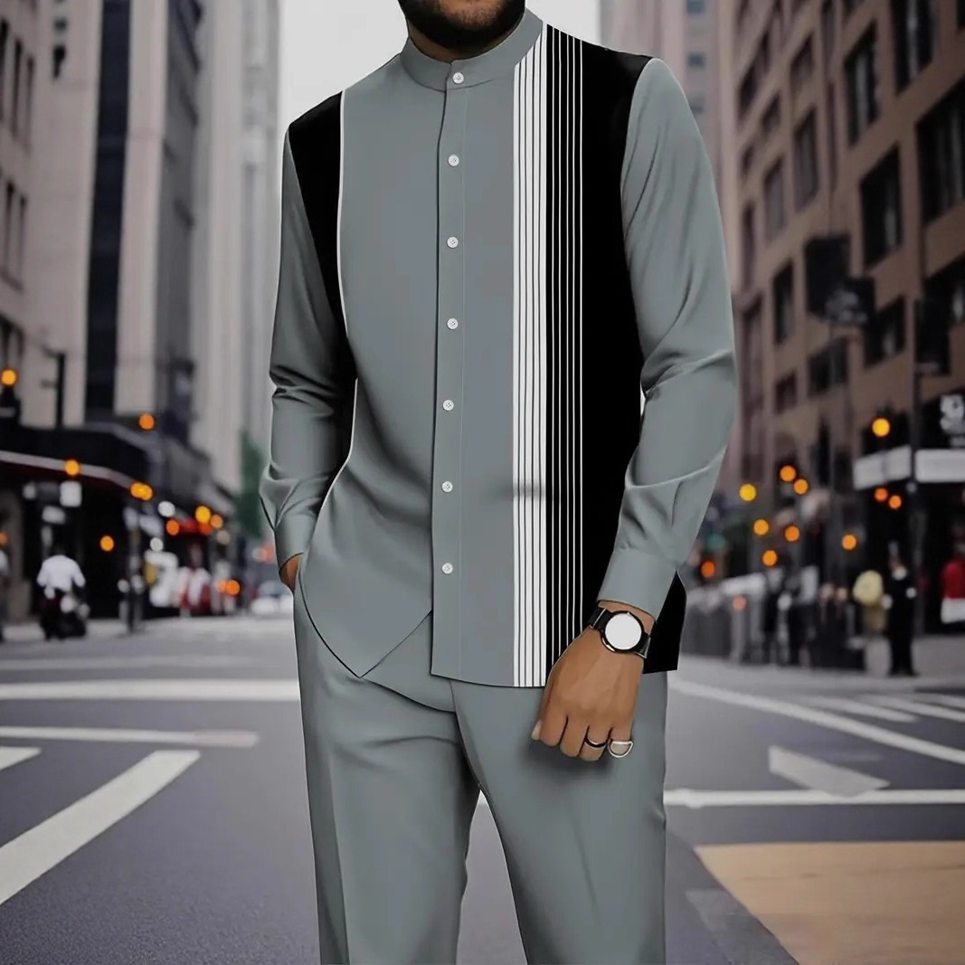 Cross-Border Y2Tk European and American Men's Digital Printing Trendyy Stripesd Shirt Round Neck Buttoned Men's Autum Outdoor Suit