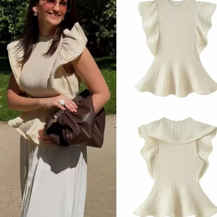 European and American cross-border knitted top with wavy sleeveless trim, round neck, European and American AliExpress, off-white, comfortable and casual European and American cross-border knitted top with wavy sleeveless trim, round neck, European and American AliExpress, off-white, comfortable and casual