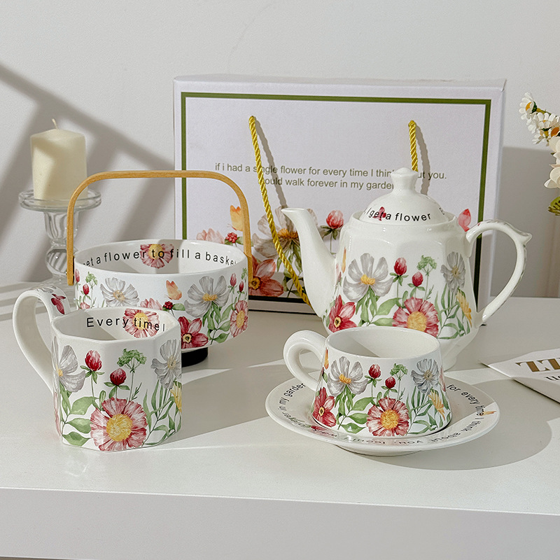 Inswind lujoso y elegante flor taza de café set plato taza de té de la tarde taza de latte de alto valor de la cerámica femenina