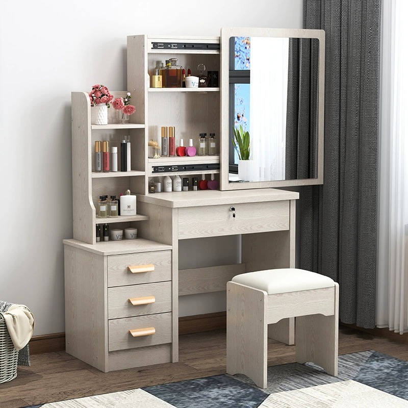 Tocador para apartamentos pequeños, montaje moderno y sencillo, espejo deslizante para dormitorio de princesa, mesa de maquillaje con panel de almacenamiento creativo.