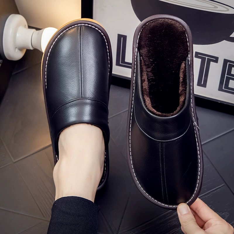 [Головной слой коровьей кожи] Кожаные тапочки простые, теплые и толстые осенью и зимой
