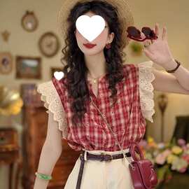 格子薄款显瘦短袖宽松型拼接衬衫上衣小个子小香风女装夏季图片色