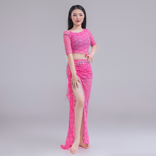New autumn belly dance practice clothes plus size sexy slimming lace oriental dance performance clothes off-the-shoulder open skirt