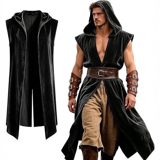 Medieval Viking Hooded Sleeveless Coat Men's Renaissance Costume Cape Halloween Assassin Cosplay