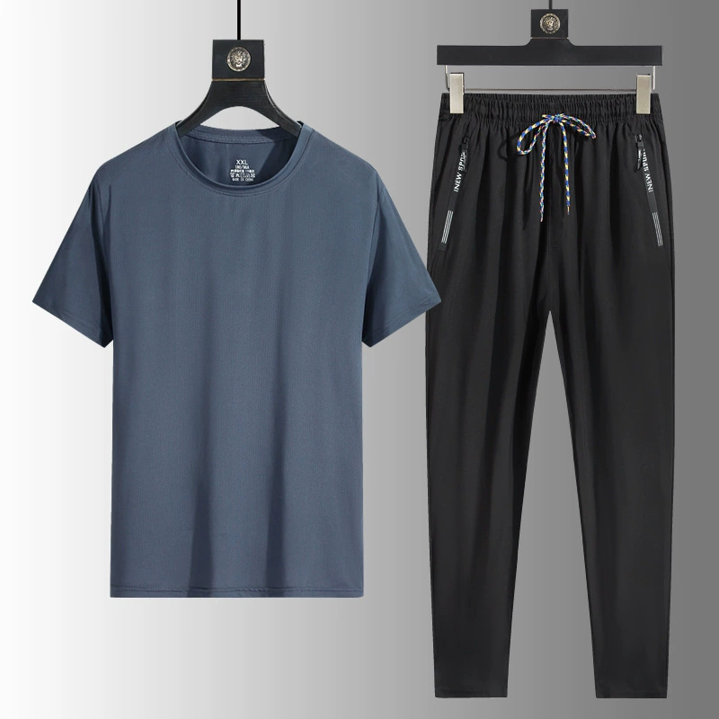 Ледяной шелковый костюм мужской 2024 летний новый молодежный повседневный свет версия футболка с короткими рукавами из двух частей
