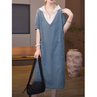 Korean Style Fashionable Splicing Lace Hooded Denim Dress Summer New Large Size Commuting Loose Casual Age-Reducing Skirt
