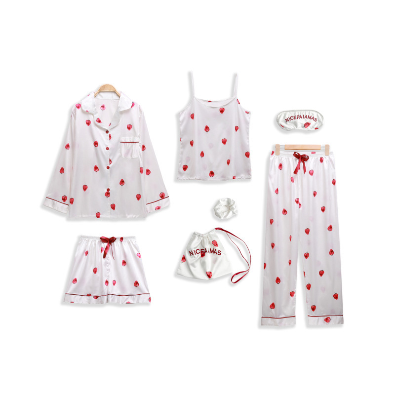 Entrega de una pieza nueva flor de siete piezas pijamas de manga larga de primavera de las mujeres de seda-como sexy homewear traje pijamas