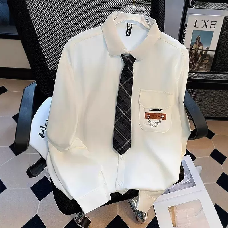 秋季时尚简约百搭男士长袖衬衫日系青少年纯色学生dk制服衬衣批发