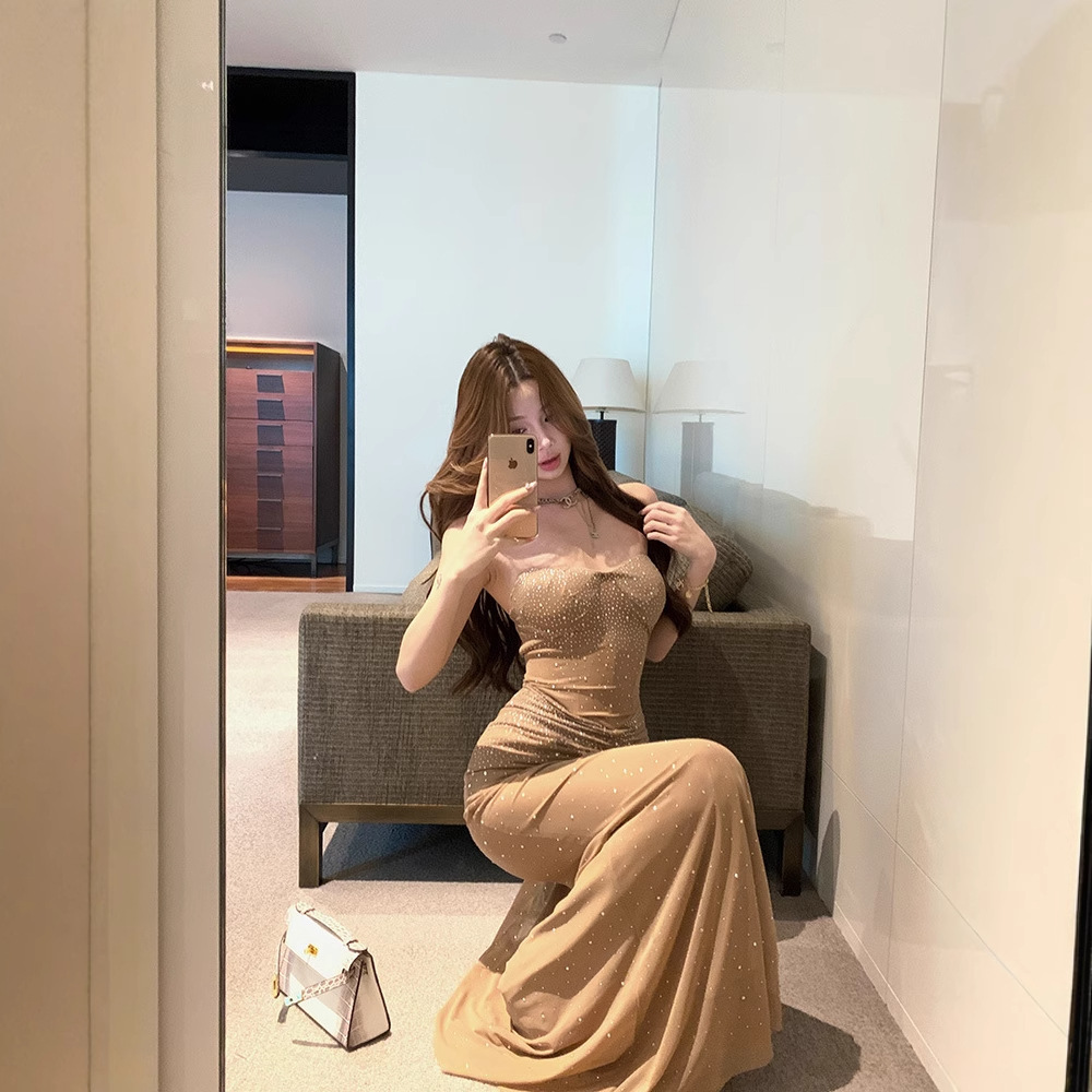 2493 Cross-border Foreign Trade Women's Rhinestone Banquet Dress Tube Top Hot Girl Slim-fit Long dress with Chest Pad