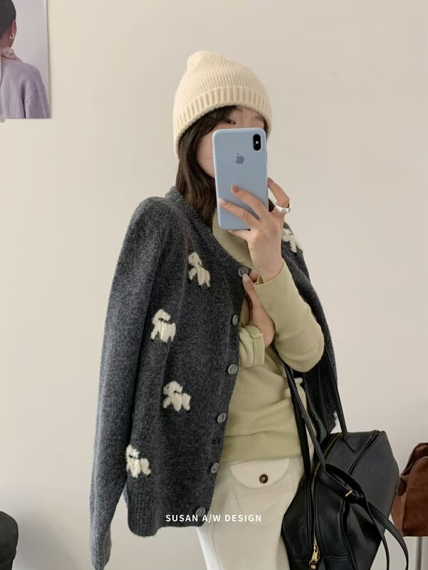 苏珊 韩系百搭温柔春秋新款立体重工刺绣甜美风针织开衫毛衣26967|undefined