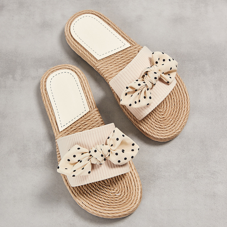 Women's one-word slippers hemp rope straw summer new outdoor wave point small peanut slippers wear flat heel set feet Women's one-word slippers hemp rope straw summer new outdoor wave point small peanut slippers wear flat heel set feet