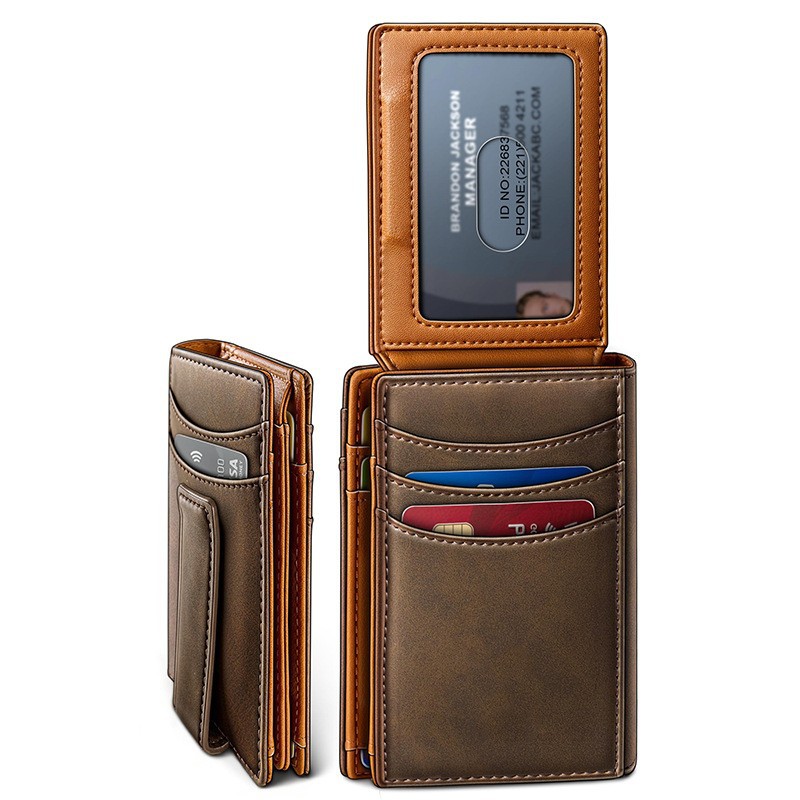 Transfronterizos tres plegables multi-tarjeta billetera de cuero RFID antirrobo con tarjeta de identificación billetera vertical de cuero para hombres
