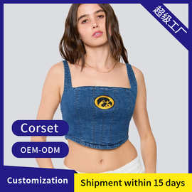外贸亚马逊牛仔背心夏季美背短款露肚脐牛仔吊带背心Denim Corset