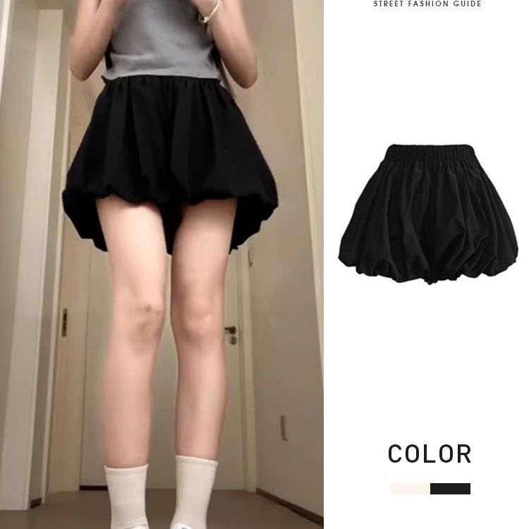 ウエストゴムふわふわ花のつぼみスカート女性のファッショナブルな年齢軽減ハイウエストスリム甘い和風黒ショートパンツ|undefined
