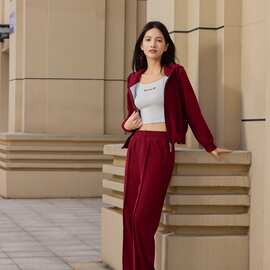跨境欧美纯色连帽拉链开衫卫衣女装时尚休闲直筒裤套装新款欧美风