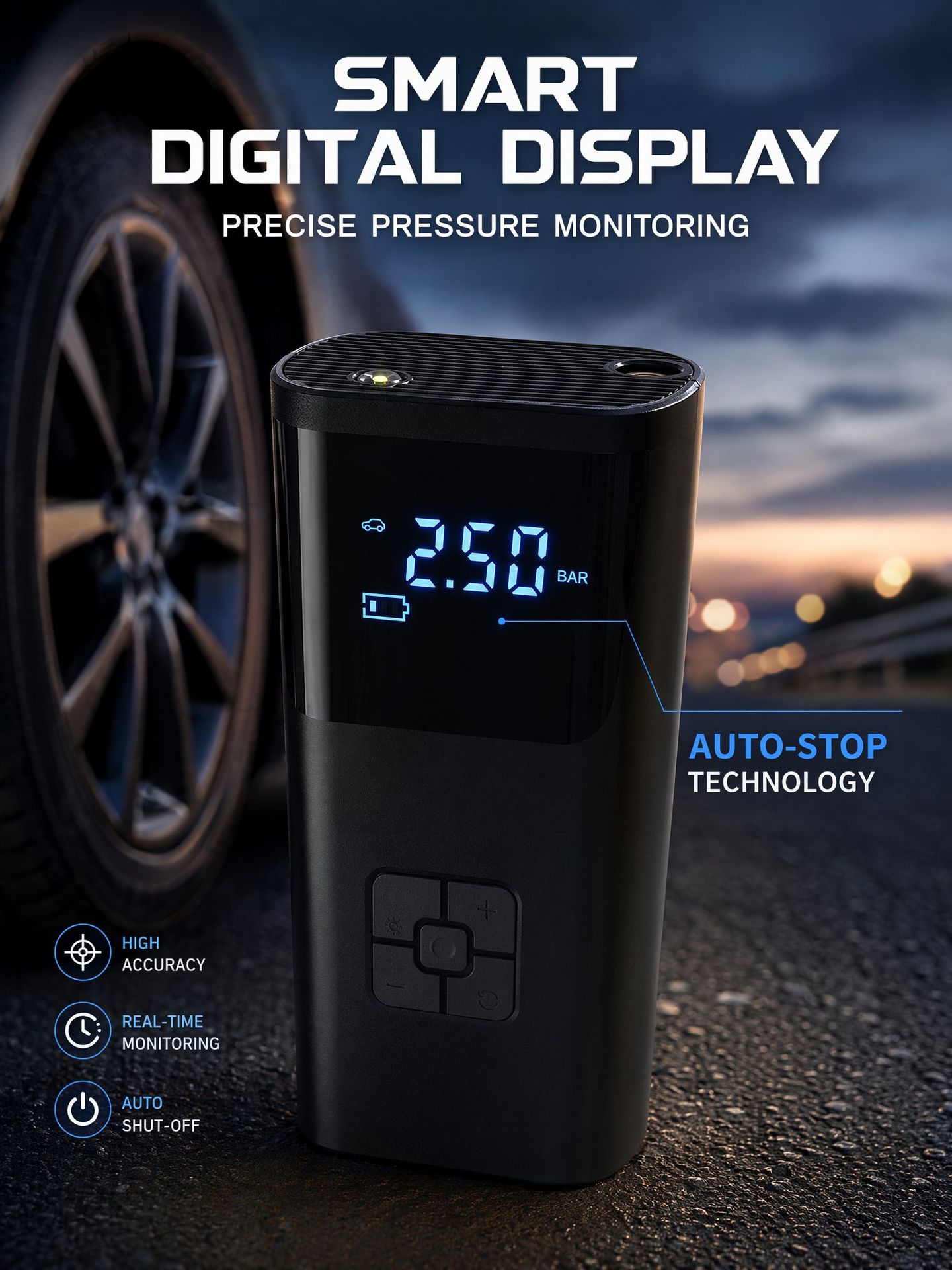 Car-Mounted Portable Electric Air Pump with Digital Display, Smart Car Tire Inflator, Electric Air Pump