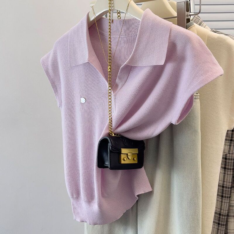 2026 French-style polo collar ice silk top for women, summer short high-end knitted shirt, short-sleeved t-shirt